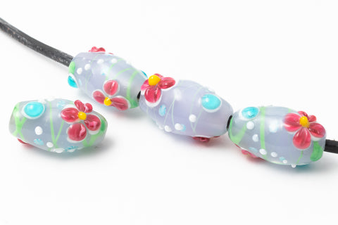 18mm Periwinkle Lampwork Barrel with Pink Flowers (2 Pcs) #LDR005-General Bead