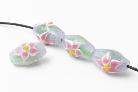 18mm Lavender Lampwork Barrel with Pink Flowers #LDR012-General Bead