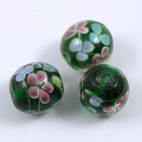 16mm Emerald Lampwork Round Bead with Pastel Flowers #LCG007-General Bead