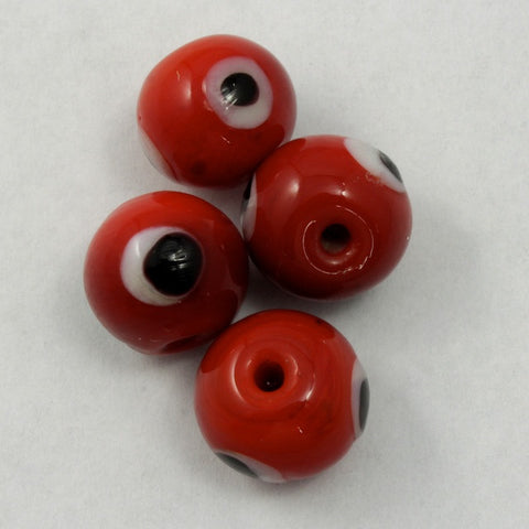 10mm Vintage Glass Red with Black and White Eye Bead (4 Pcs) #1425-General Bead