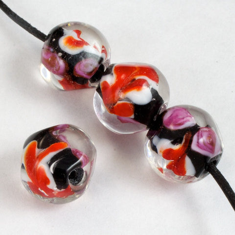 12mm Red and Black Glass Bead with Flowers (4 Pcs) #2579-General Bead