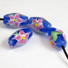 18mm Blue Lampwork Barrel with Pink Flowers (2 Pcs) #2818-General Bead