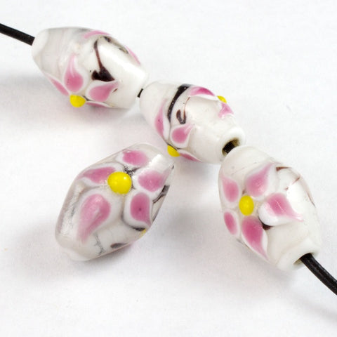 18mm White Barrel Lampwork with Pink Flowers #LDR008-General Bead