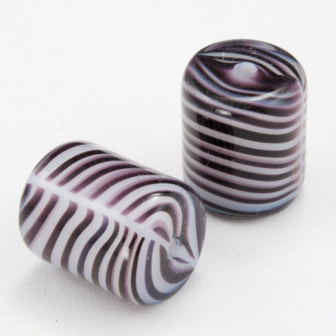 10mm x 15mm White/Purple Stripe Cylinder Bead (2 Pcs) #3157-General Bead