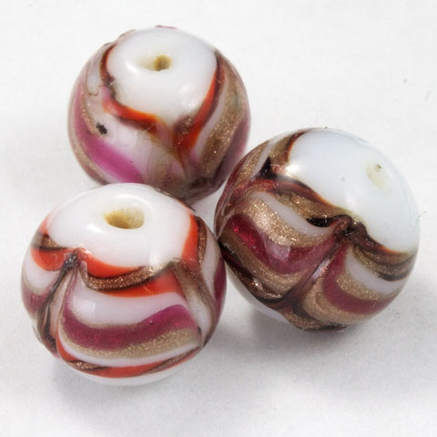 12mm White/Red/Gold Swirl Bead (4 Pcs) #3248-General Bead