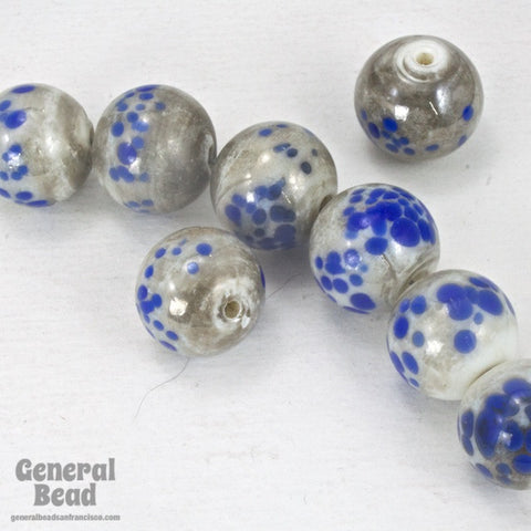 12mm Handmade Mottled Grey and Blue Spot Round Bead (10 Pcs) #3538-General Bead