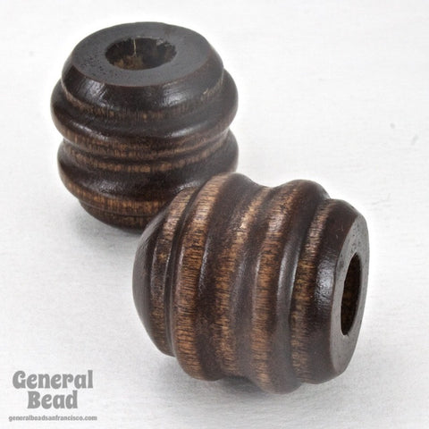 25mm x 25mm Dark Brown Wood Ribbed Barrel Bead-General Bead
