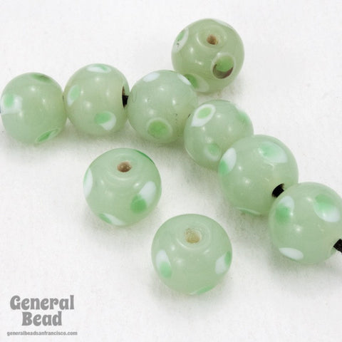9mm Light Green Bead with White and Green Dots (12 Pcs) #3700-General Bead