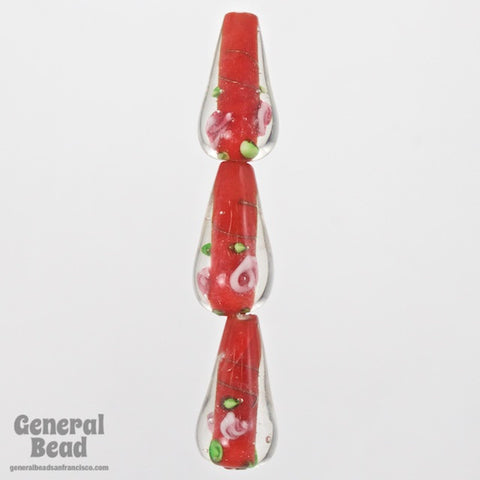 20mm Red Floral Lampwork Teardrop (2 Pcs) #3784-General Bead