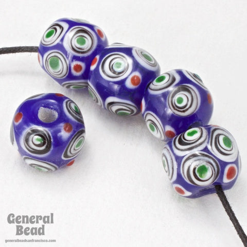 12mm Blue with White and Green Circles Lampwork Bead (2 Pcs) #3788-General Bead