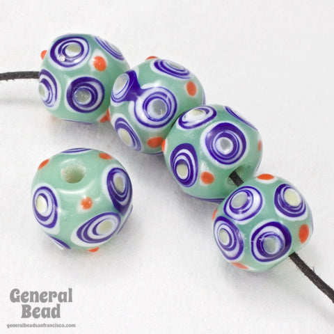 12mm Sea Green with White and Blue Circles Lampwork Bead #3789-General Bead