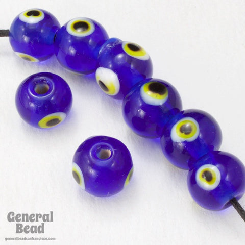 10mm Cobalt and Yellow Evil Eye Round Bead (10 Pcs) #3792-General Bead
