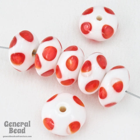 12mm White Rondelle with Red Dots (8 Pcs) #4120-General Bead