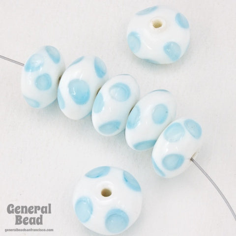12mm White Rondelle with Aqua Dots (8 Pcs) #4121-General Bead
