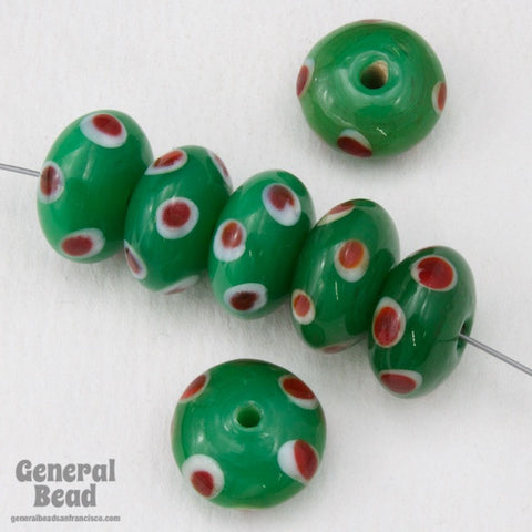 12mm Green Rondelle with Red Dots (8 Pcs) #4126-General Bead