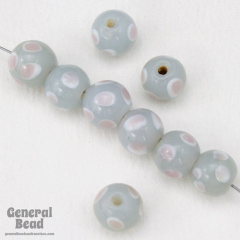 9mm Grey Bead with White and Pink Dots (12 Pcs) #4129-General Bead