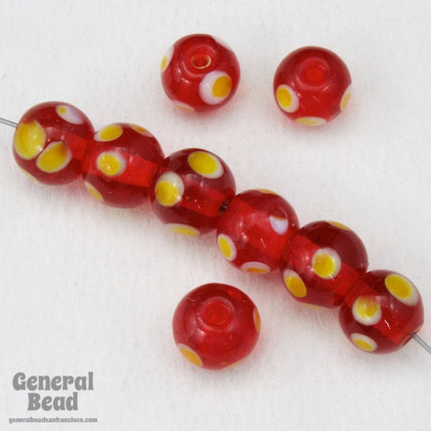 9mm Transparent Red Bead with Yellow Dots (12 Pcs) #4133-General Bead