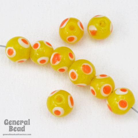 9mm Yellow Bead with White and Orange Dots (12 Pcs) #4134-General Bead