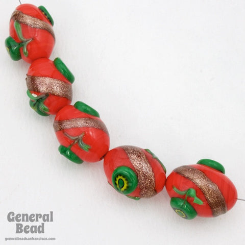 13mm x 18mm Red w/ Green Oval Bead (4 Pcs) #4306-General Bead