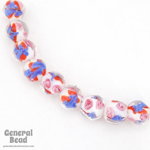 12mm Red/White/Blue with Roses Lampwork Bead (4 Pcs) #4487-General Bead