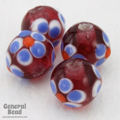 8mm Handmade Cranberry/Blue Flower Bead (6 Pcs) #4488-General Bead