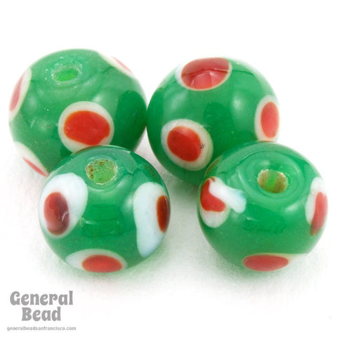 9mm Green Bead with White and Red Dots (12 Pcs) #4490-General Bead