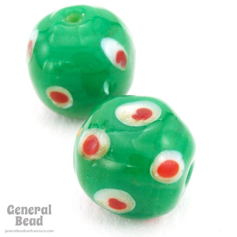 12mm Handmade Green Bead with Red Spots (4 Pcs) #4491-General Bead