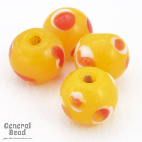 9mm Yellow Bead with White and Red Dots (12 Pcs) #4499-General Bead