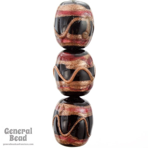 16mm Black and Gold Lampwork Oval Bead (6 Pcs) #4502-General Bead
