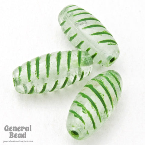 15mm Crystal/Green Stripe Oval Bead (6 Pcs) #4578-General Bead