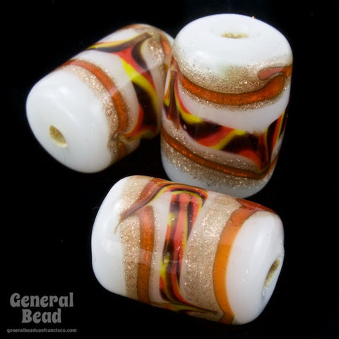 12mm White Stripe Lampwork Cylinder (10 Pcs) #4677-General Bead