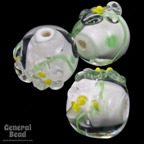 12mm White/Green/Yellow Floral Lampwork Bead (4 Pcs) #4803-General Bead