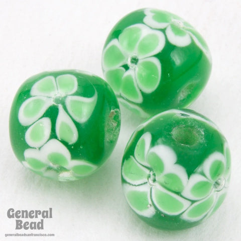 12mm Green with Light Green Flowers Lampwork Bead #4805-General Bead