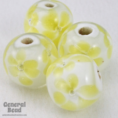 12mm White with Yellow Flowers Lampwork Bead (4 Pcs) #4827-General Bead
