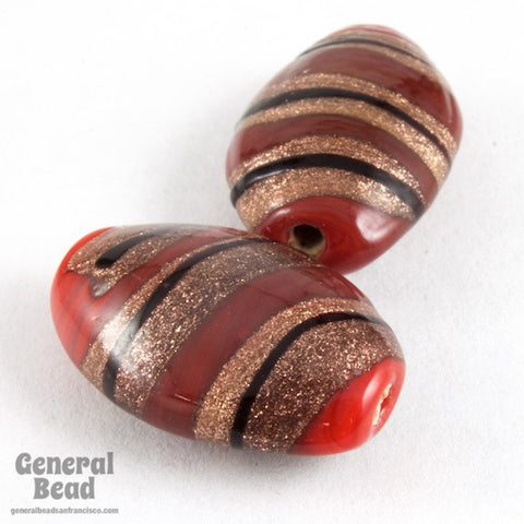 16mm Red/Bronze/Black Stripe Oval Bead (4 Pcs) #5044-General Bead