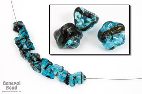 9mm Aqua/Black Glass Flower Bead (8 Pcs) 5409-General Bead