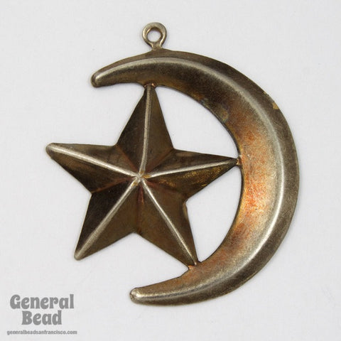 28mm Antique Silver Crescent Moon with Star Charm (2 Pcs) #5489-General Bead