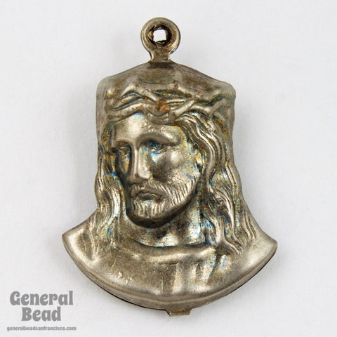 25mm Antique Silver Jesus with Crown of Thorns #5495-General Bead