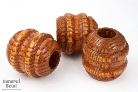 25mm x 25mm Light Brown Wood Ribbed Barrel Bead-General Bead
