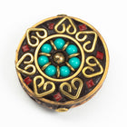 35mm Turquoise and Red Flower Tibetan Coin Bead