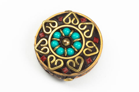 35mm Turquoise and Red Flower Tibetan Coin Bead