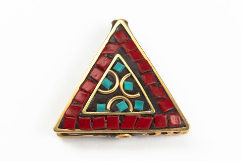30mm Red and Turquoise Tibetan Triangle Coin Bead
