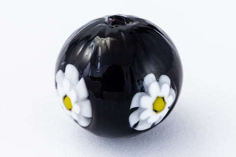 12mm Vintage Venetian Black Round Bead with Daisies #XVB036-General Bead